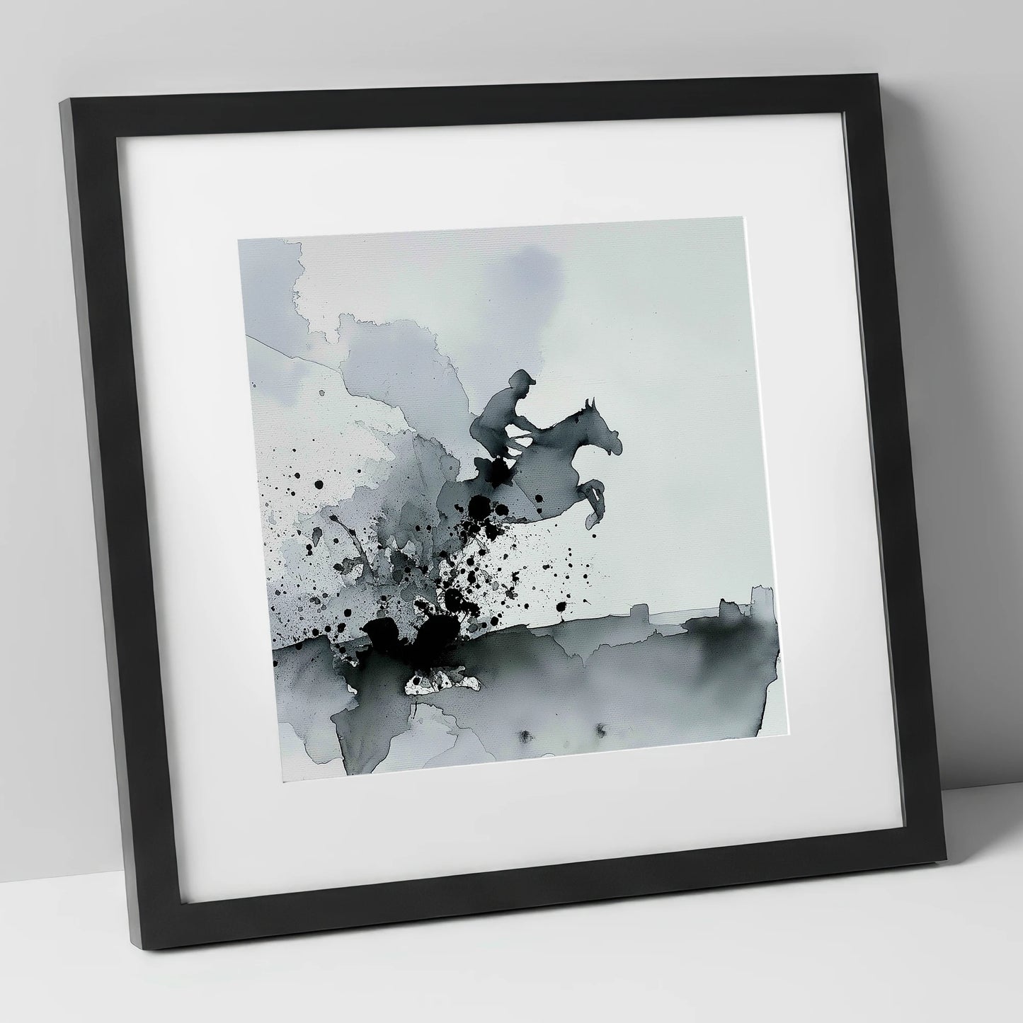 Monochrome Momentum show jumping horse art print in black frame
