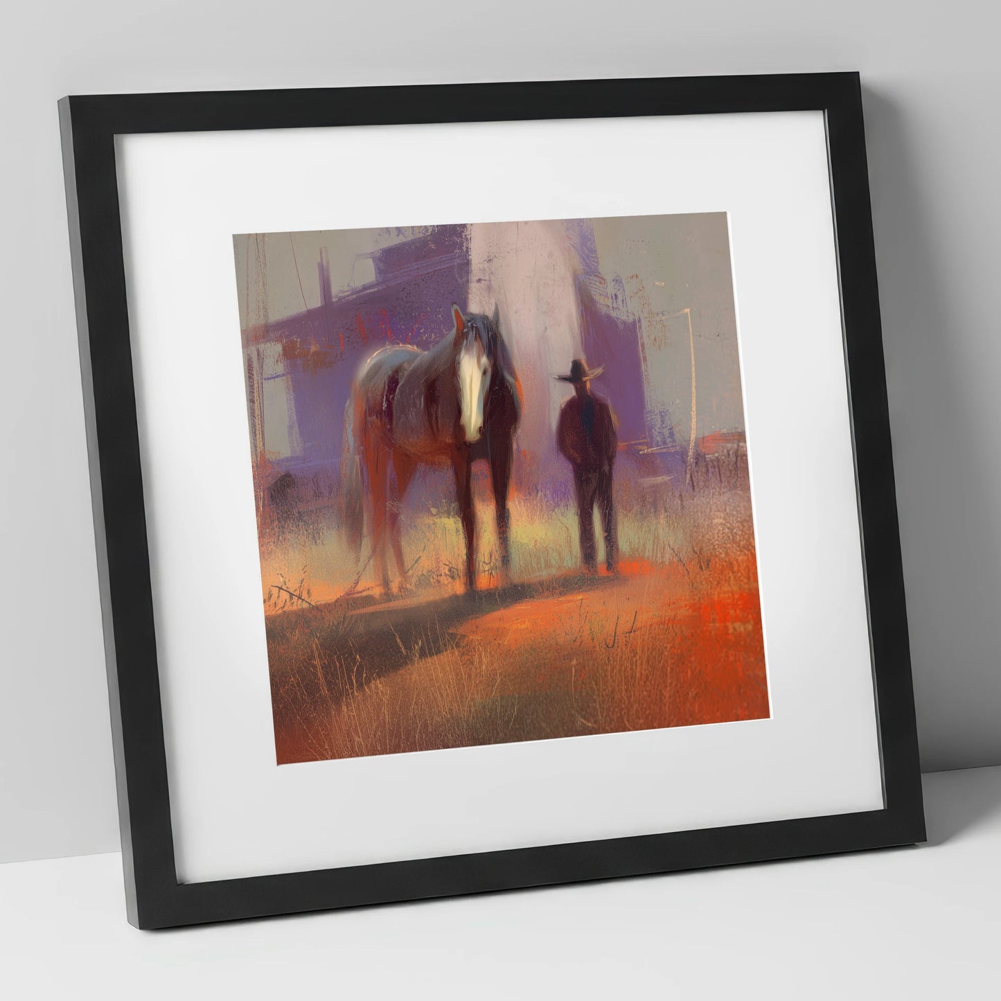 Sundown on the Trail western horse art print in black frame
