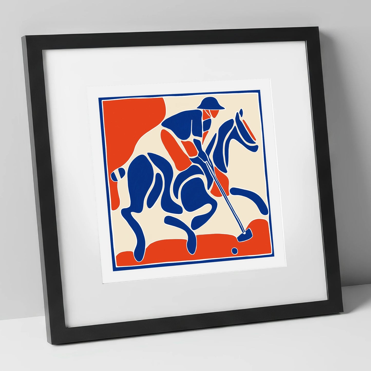 The Decisive Strike polo horse art print in black frame