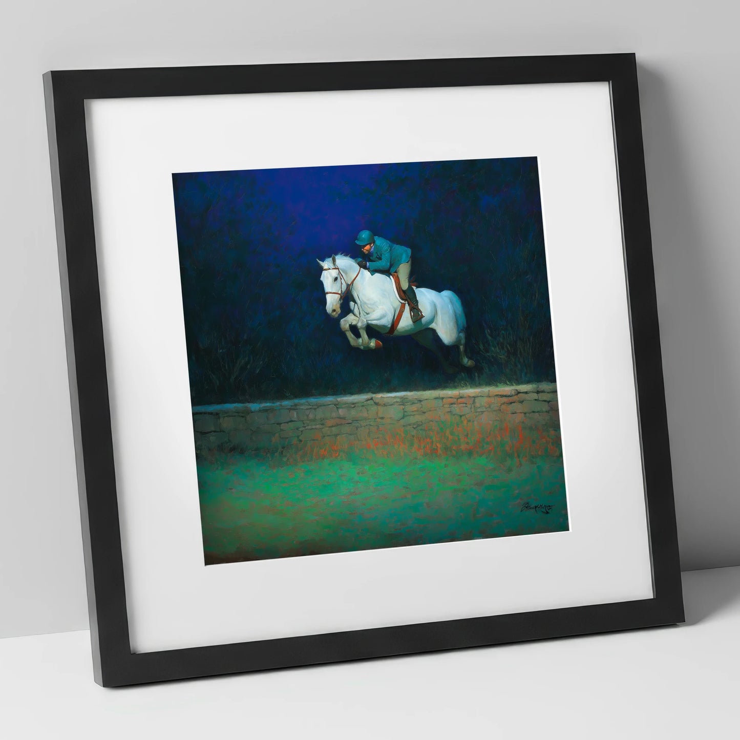 Moonlit Flight show jumping horse art print in black frame