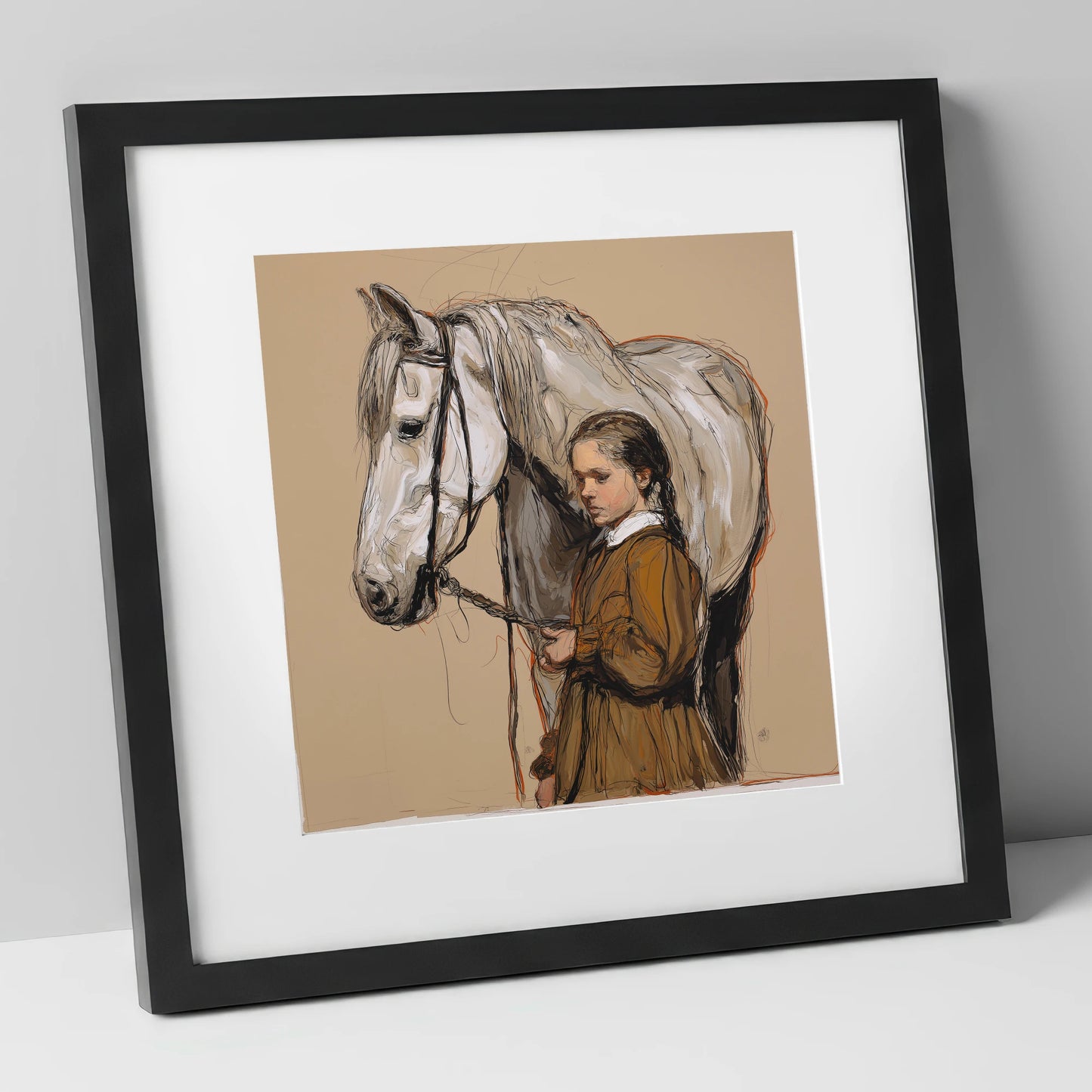 Gentle Guidance horse & rider art print in black frame
