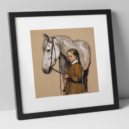 Gentle Guidance horse & rider art print in black frame