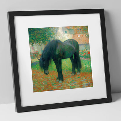The Sunlit Draught horse breed art print in black frame