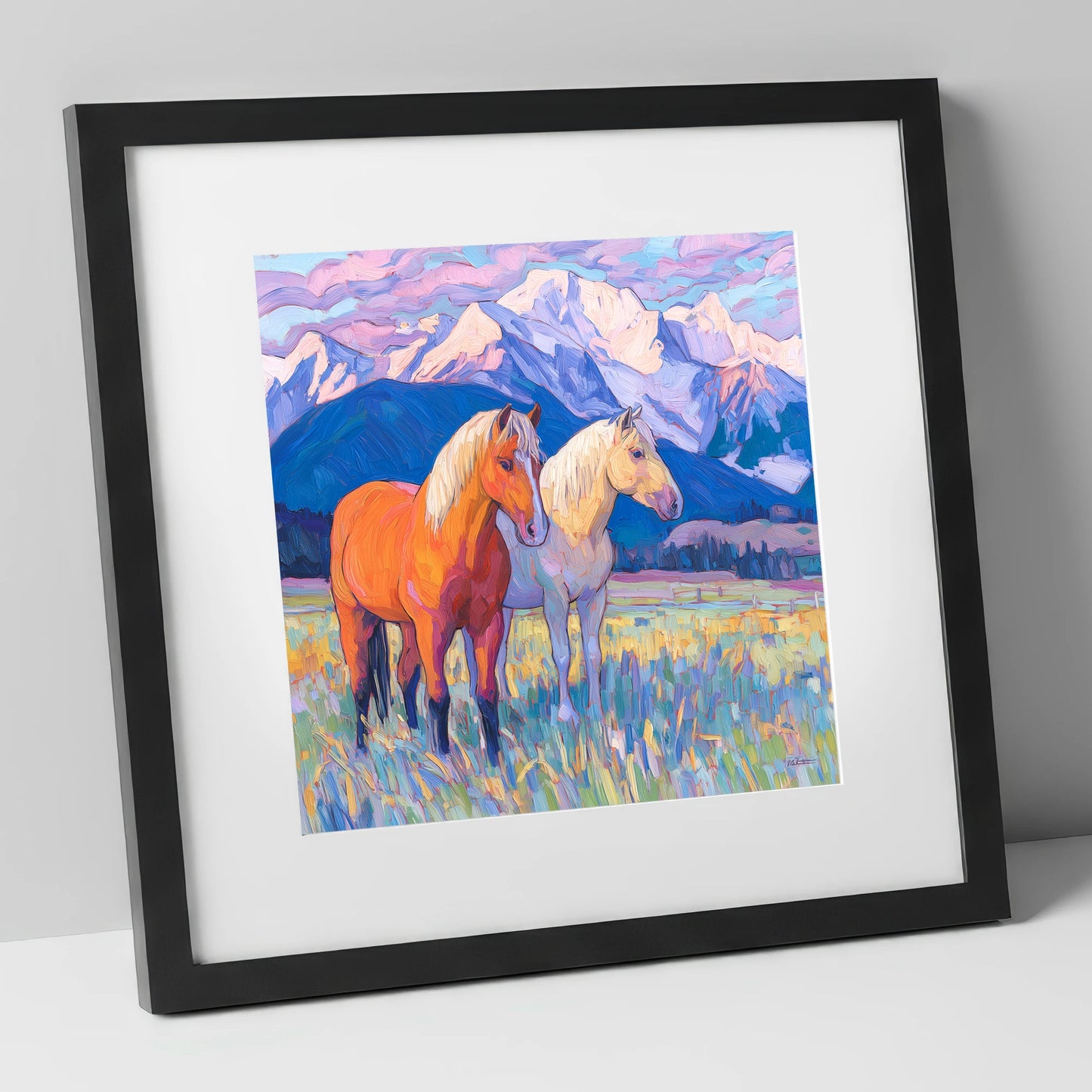 Painted Mountain Pasture horse landscape art print in black frame