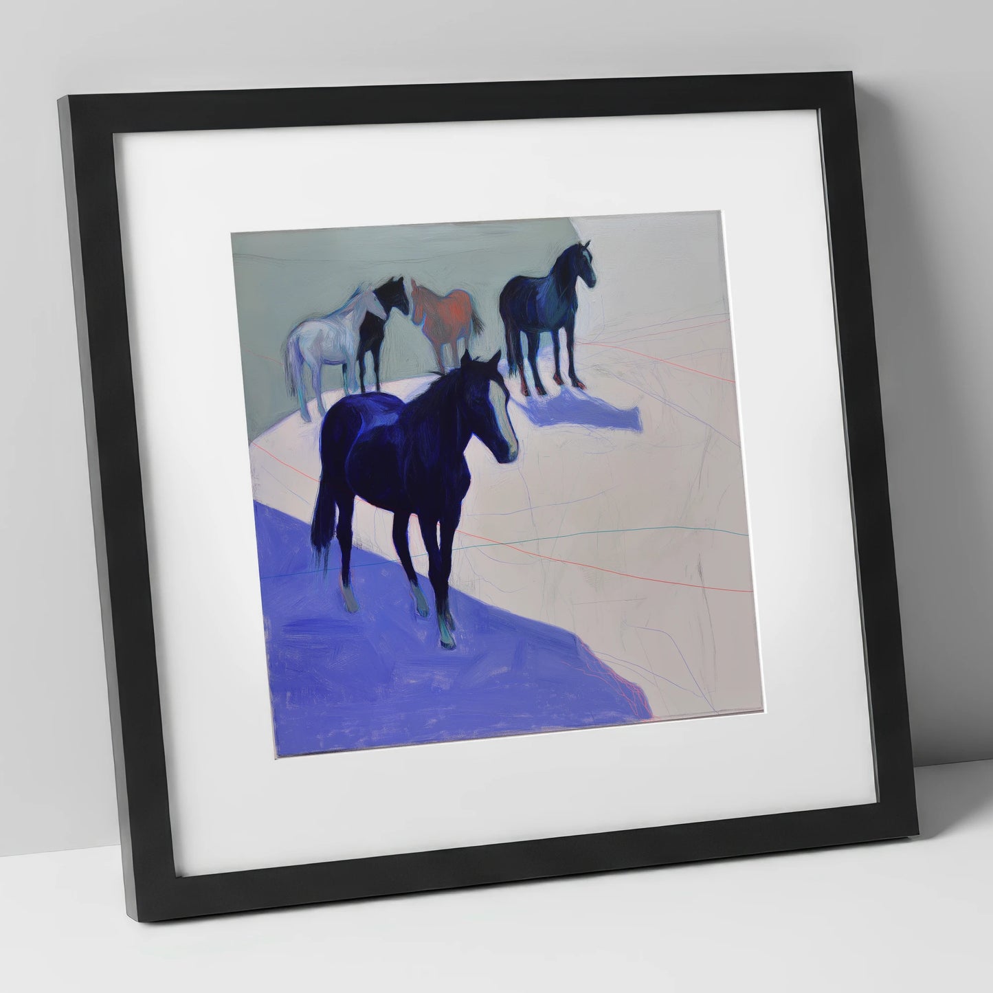 Abstract Herd in Blue wild horses art print in black frame