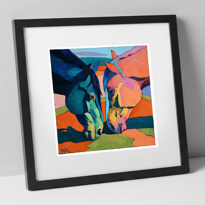 Vibrant Companions horse portrait art print in black frame