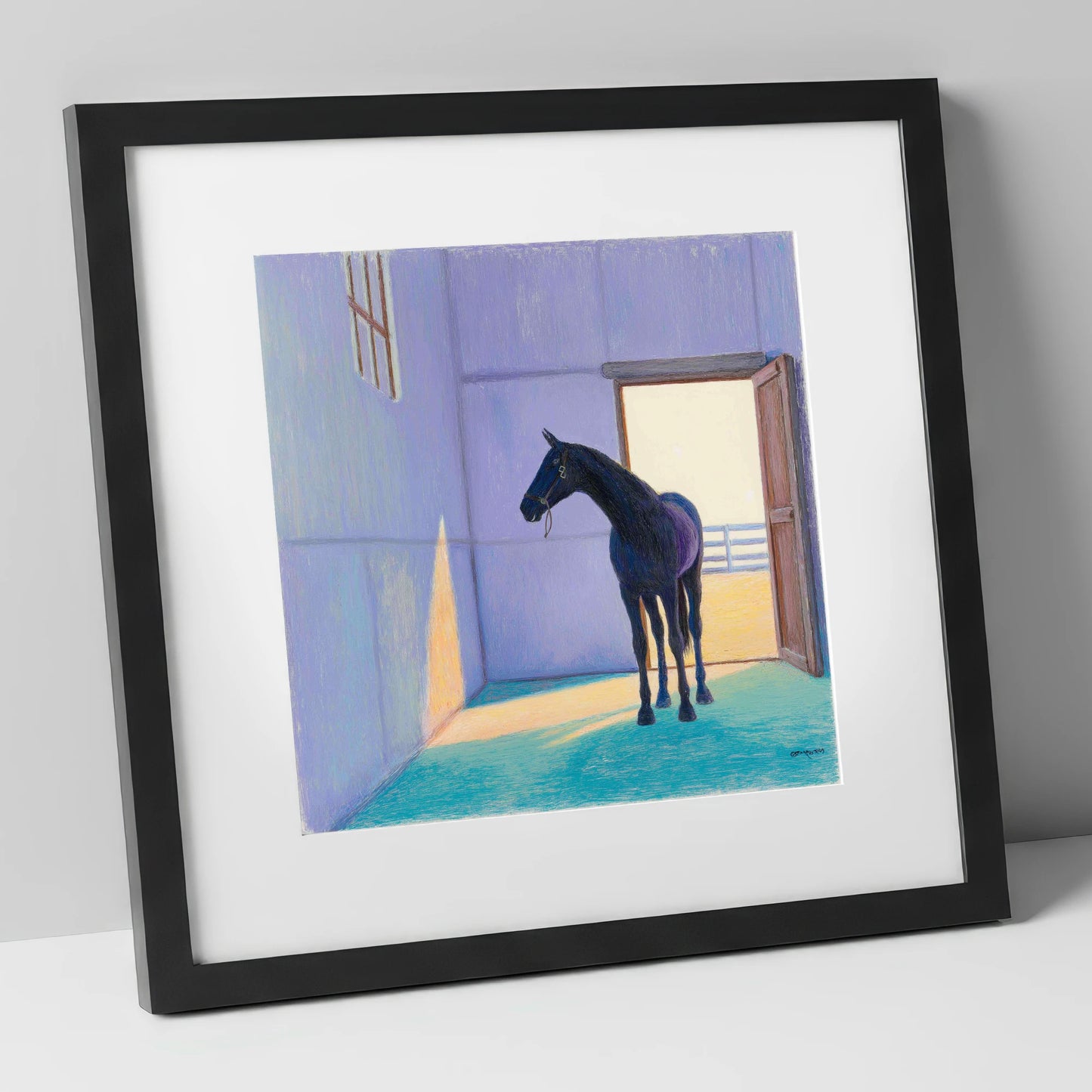 Sunlit Stable Shadows horse stable art print in black frame