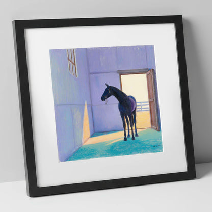 Sunlit Stable Shadows horse stable art print in black frame