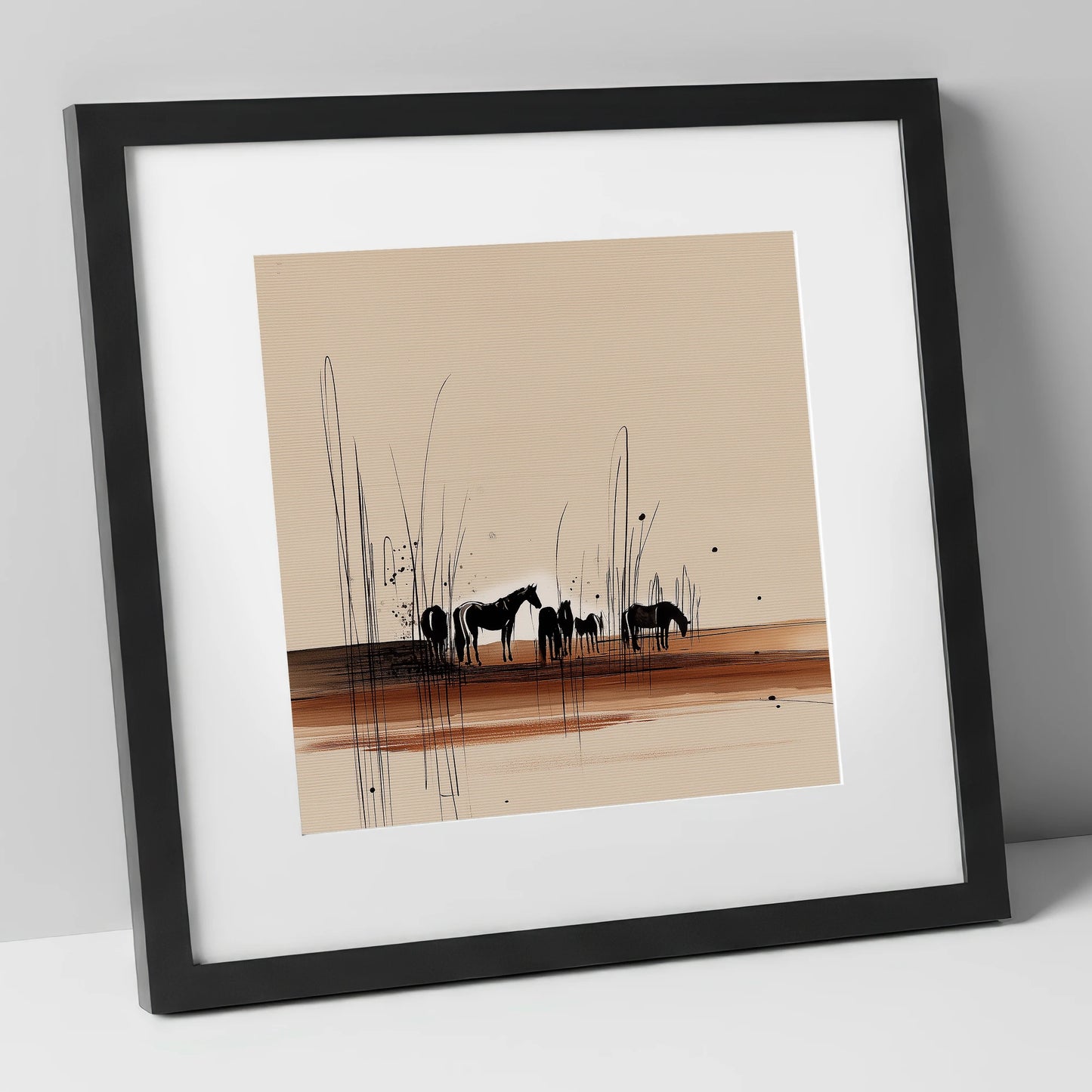Whispers in the Reeds horse landscape art print in black frame