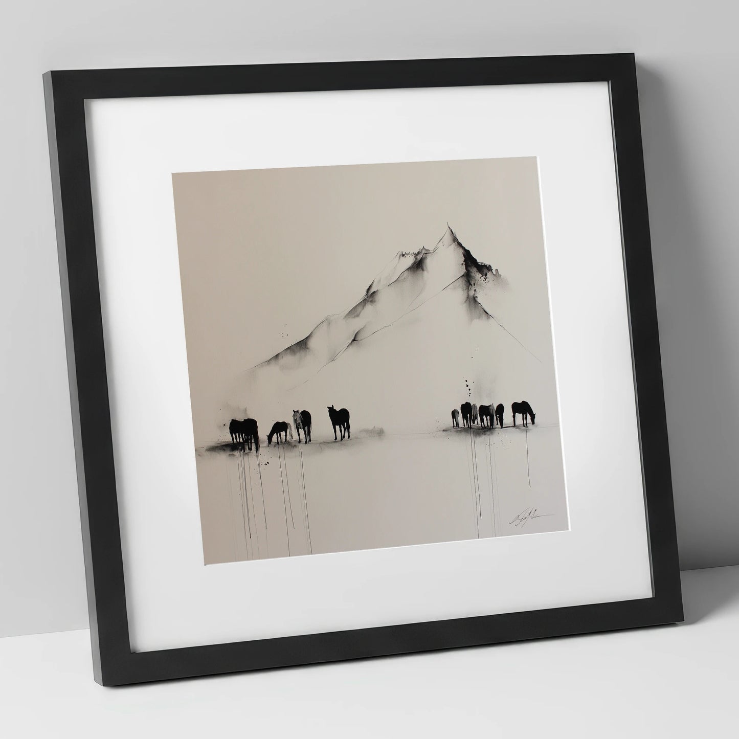 Ethereal Mountain Herd horse landscape art print in black frame