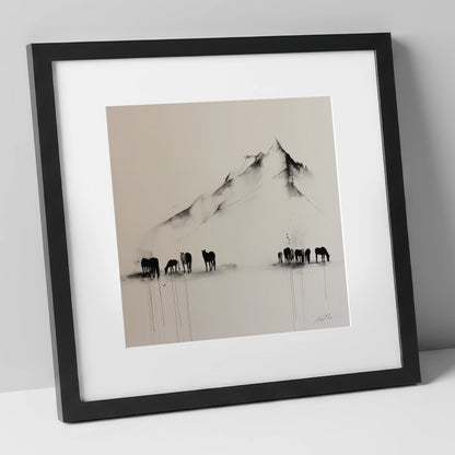 Ethereal Mountain Herd horse landscape art print in black frame