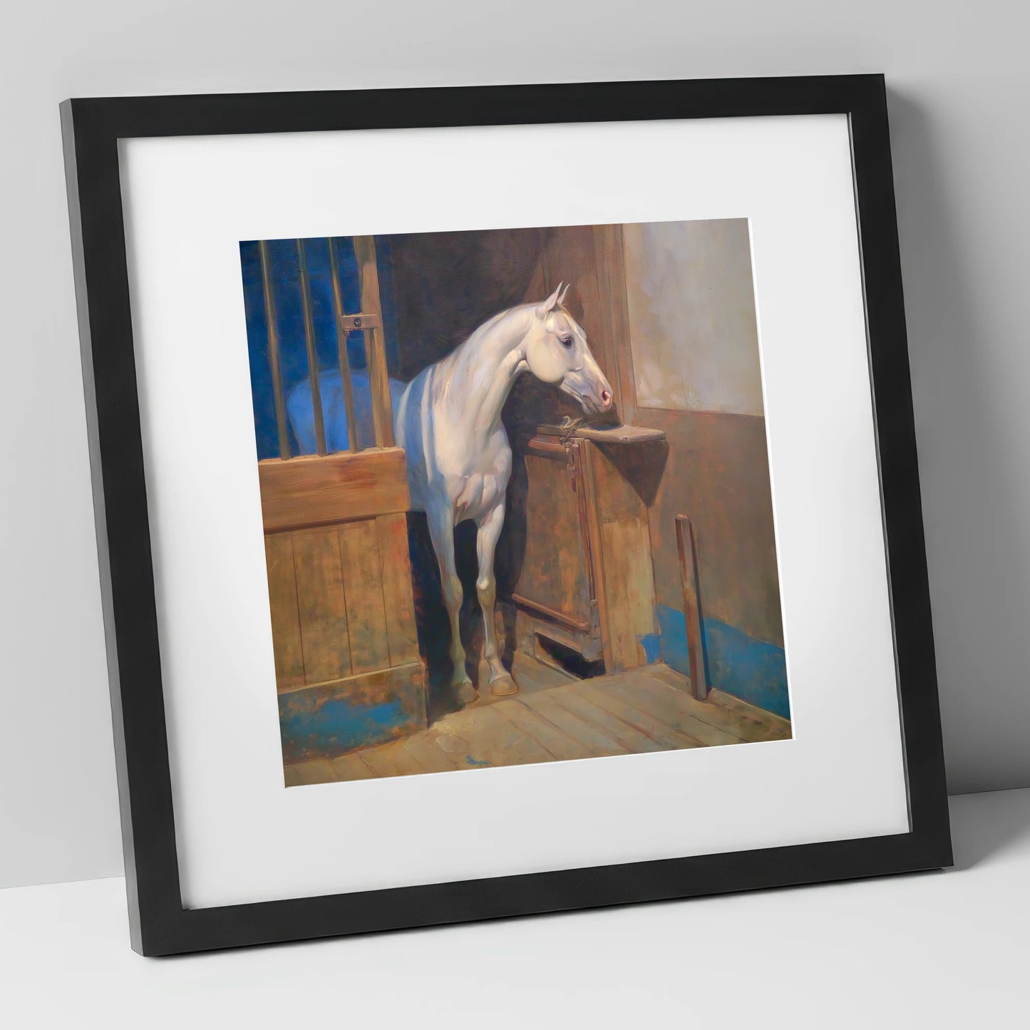 Solitude in the Stall horse stable art print in black frame