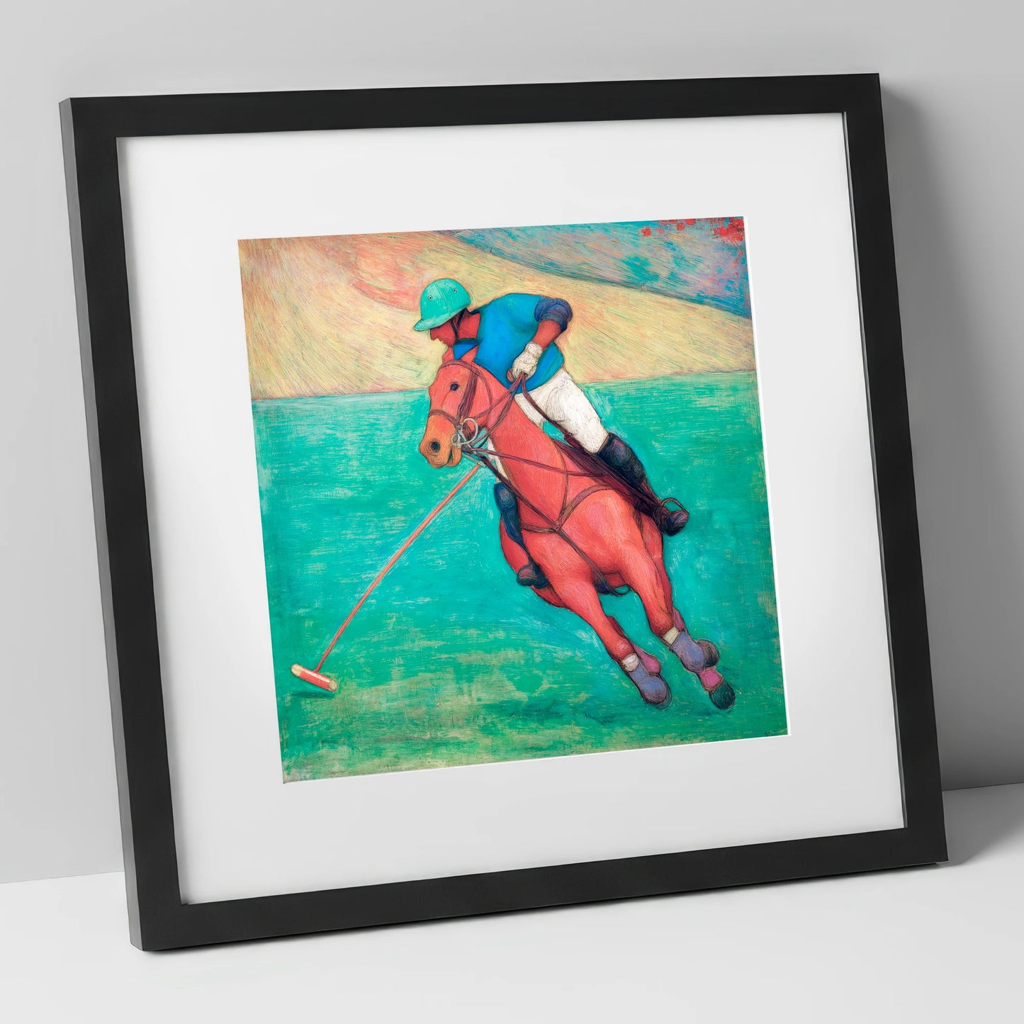 The Crimson Chukka polo horse art print in black frame