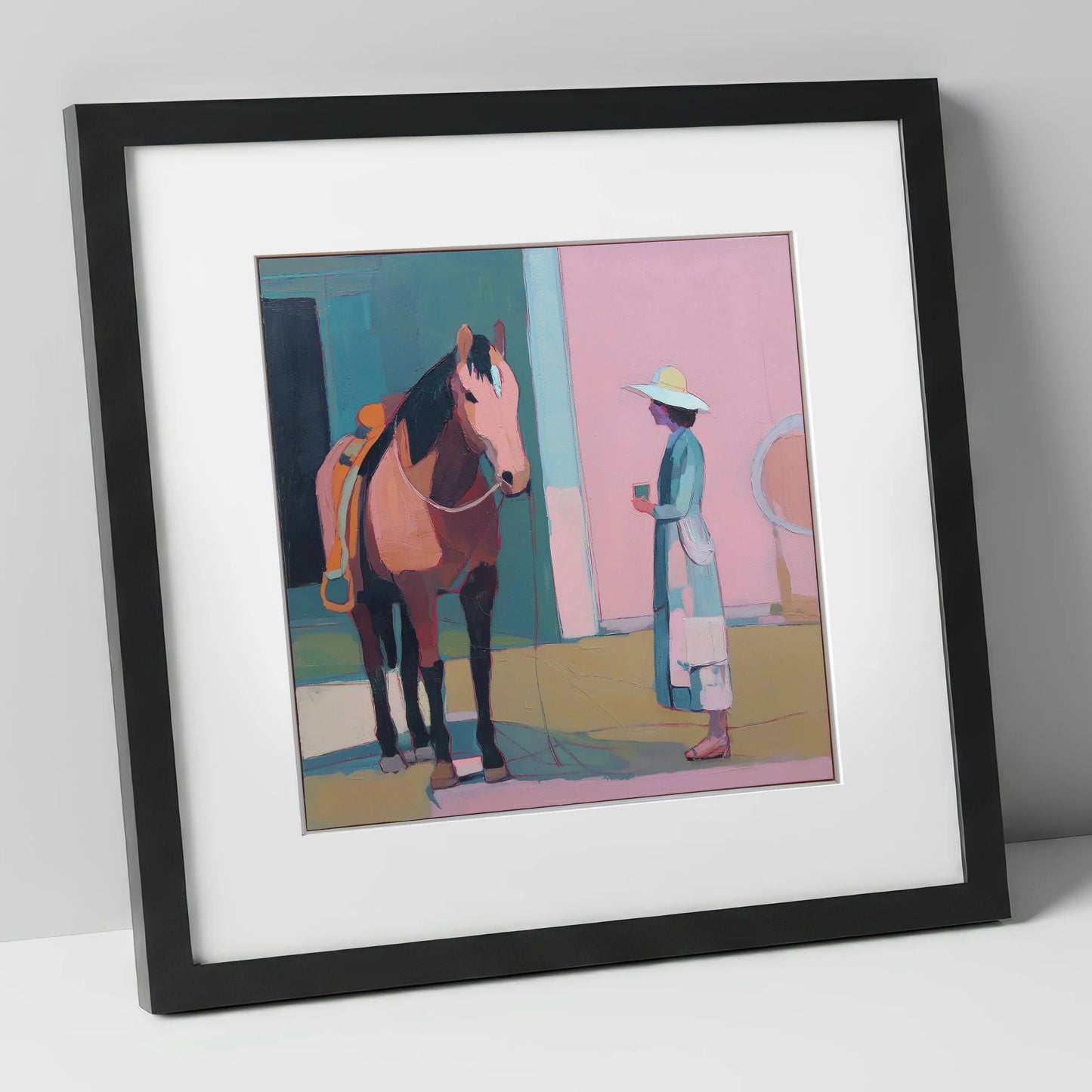 A Moment of Stillness horse & rider art print in black frame