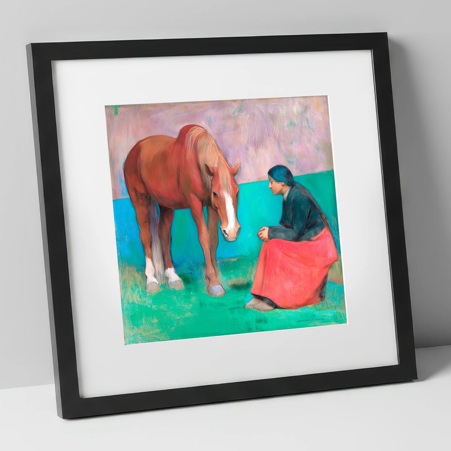The Silent Dialogue horse & rider art print in black frame
