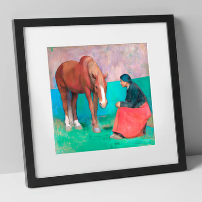 The Silent Dialogue horse & rider art print in black frame