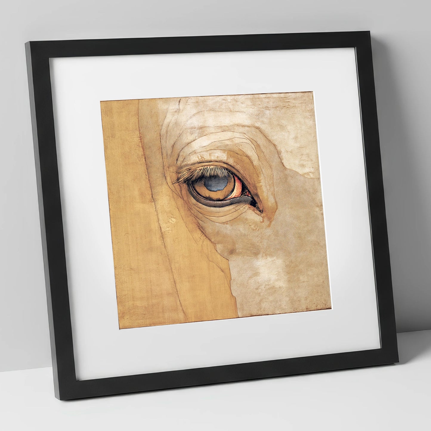 The Golden Gaze horse portrait art print in black frame