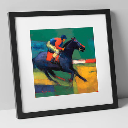 Thundering Colours racing horse art print in black frame