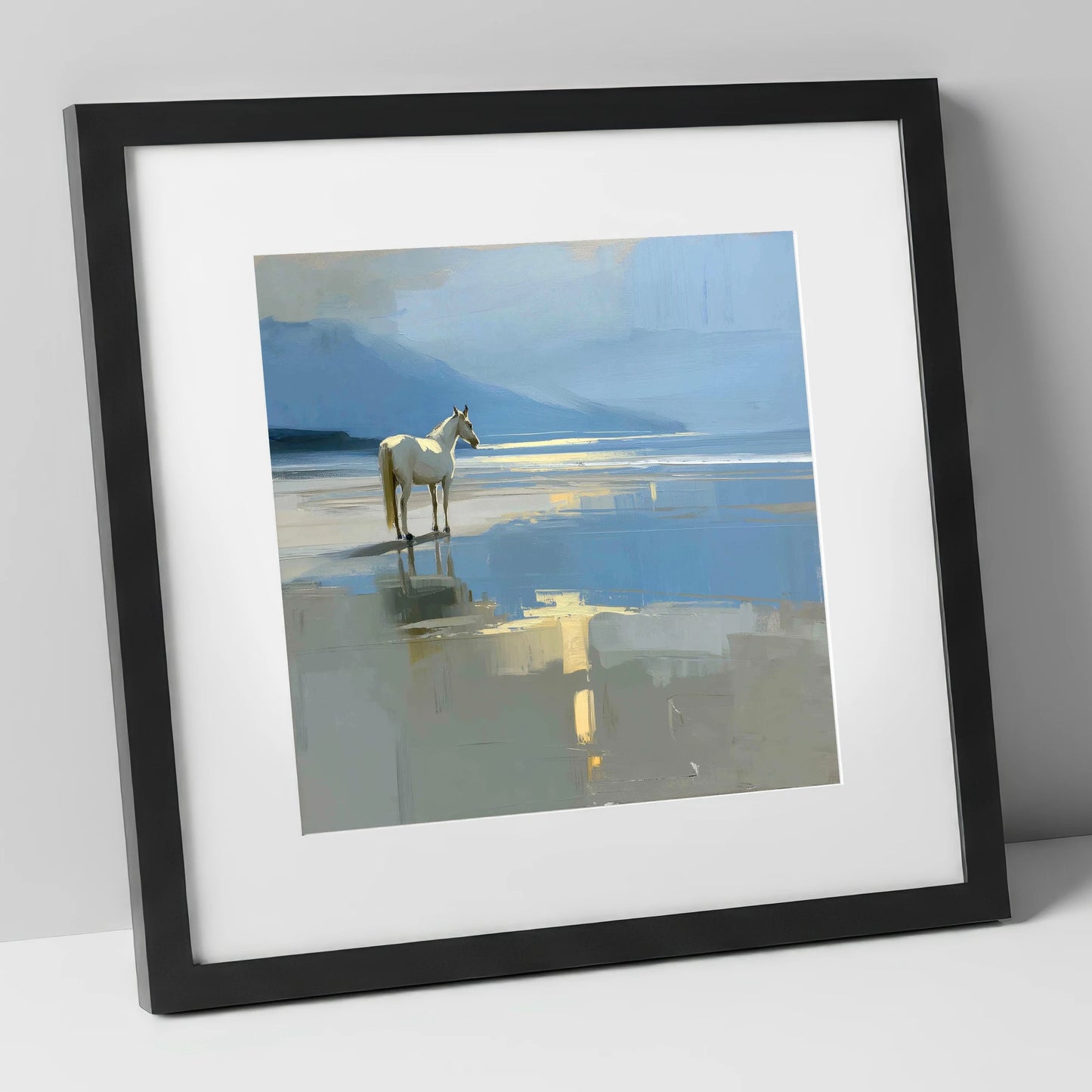 Solitary Coastal Gleam horse landscape art print in black frame