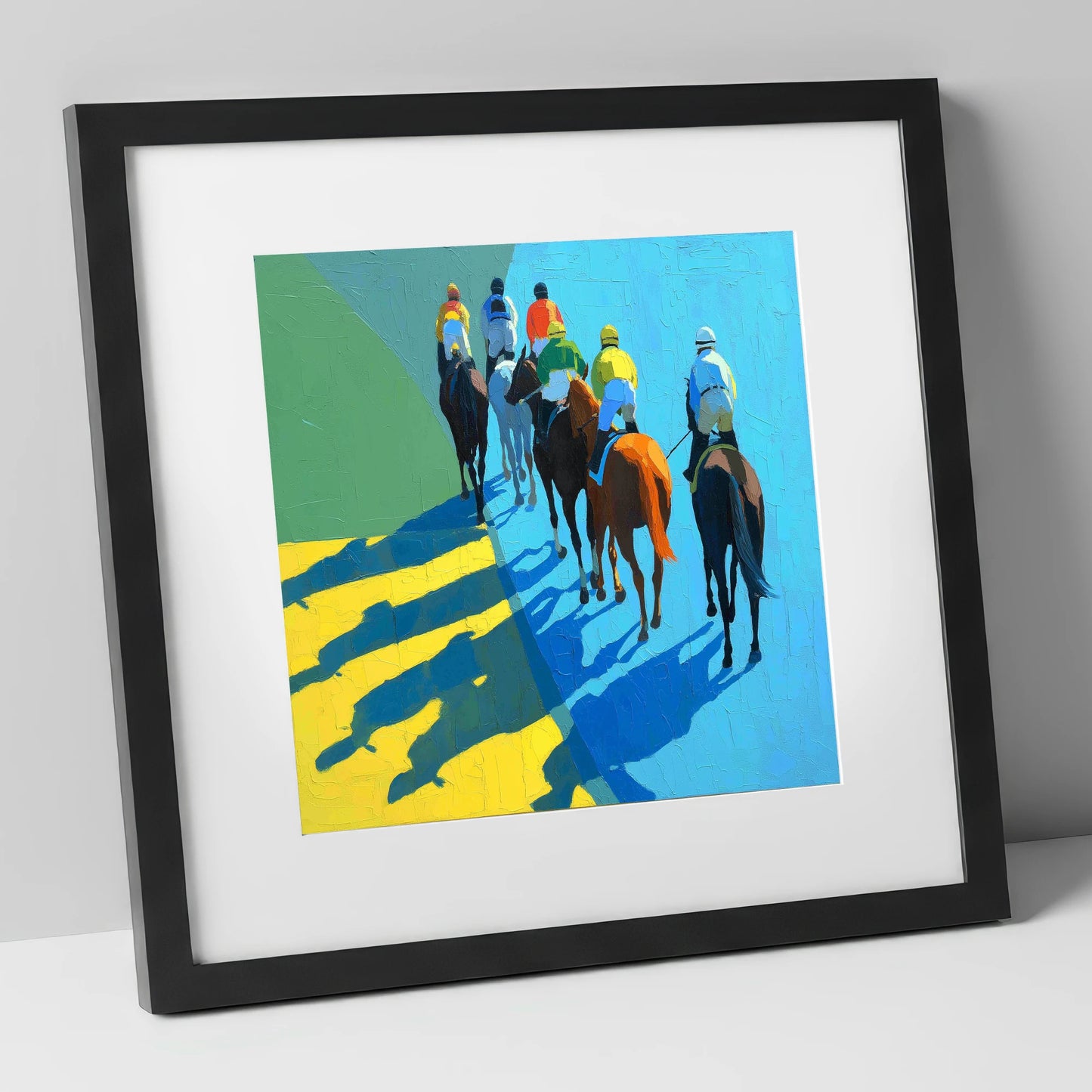 Bright Silks Long Shadows racing horse art print in black frame