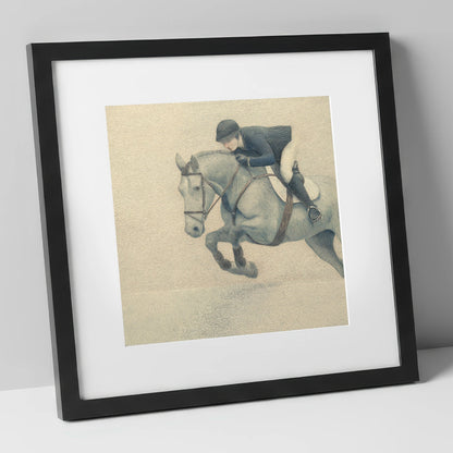 Suspended Flight show jumping horse art print in black frame