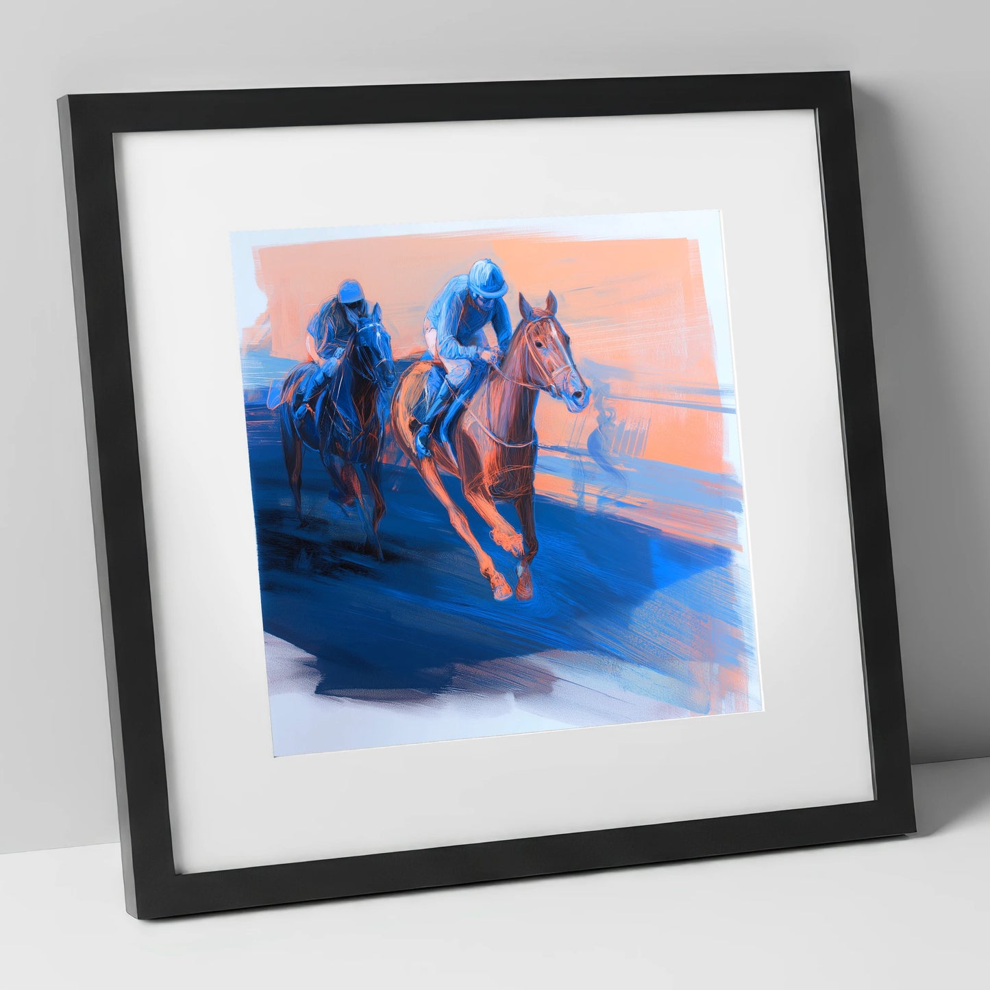 The Blue Furlong racing horse art print in black frame