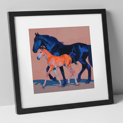 Cobalt and Coral mare & foal art print in black frame