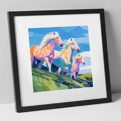 Radiant Hillside Herd horse landscape art print in black frame