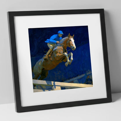Bold Cobalt Clearance show jumping horse art print in black frame