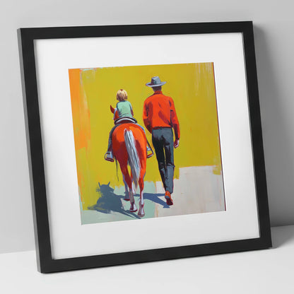Leading the First Ride horse & rider art print in black frame