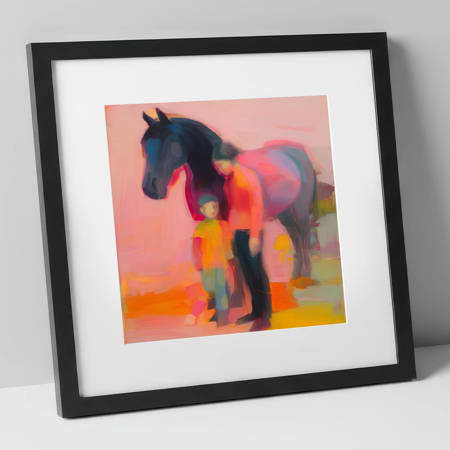 A Vibrant Bond horse & rider art print in black frame