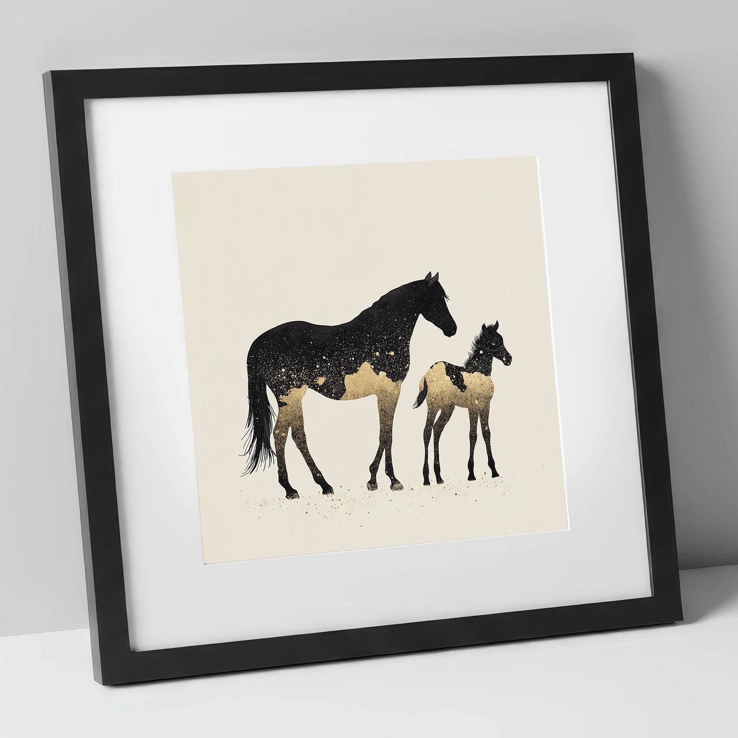Gilded Midnight Bond mare & foal art print in black frame