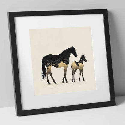Gilded Midnight Bond mare & foal art print in black frame