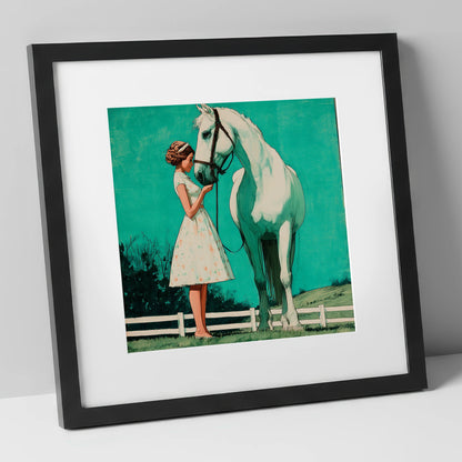 A Moment In Teal horse & rider art print in black frame