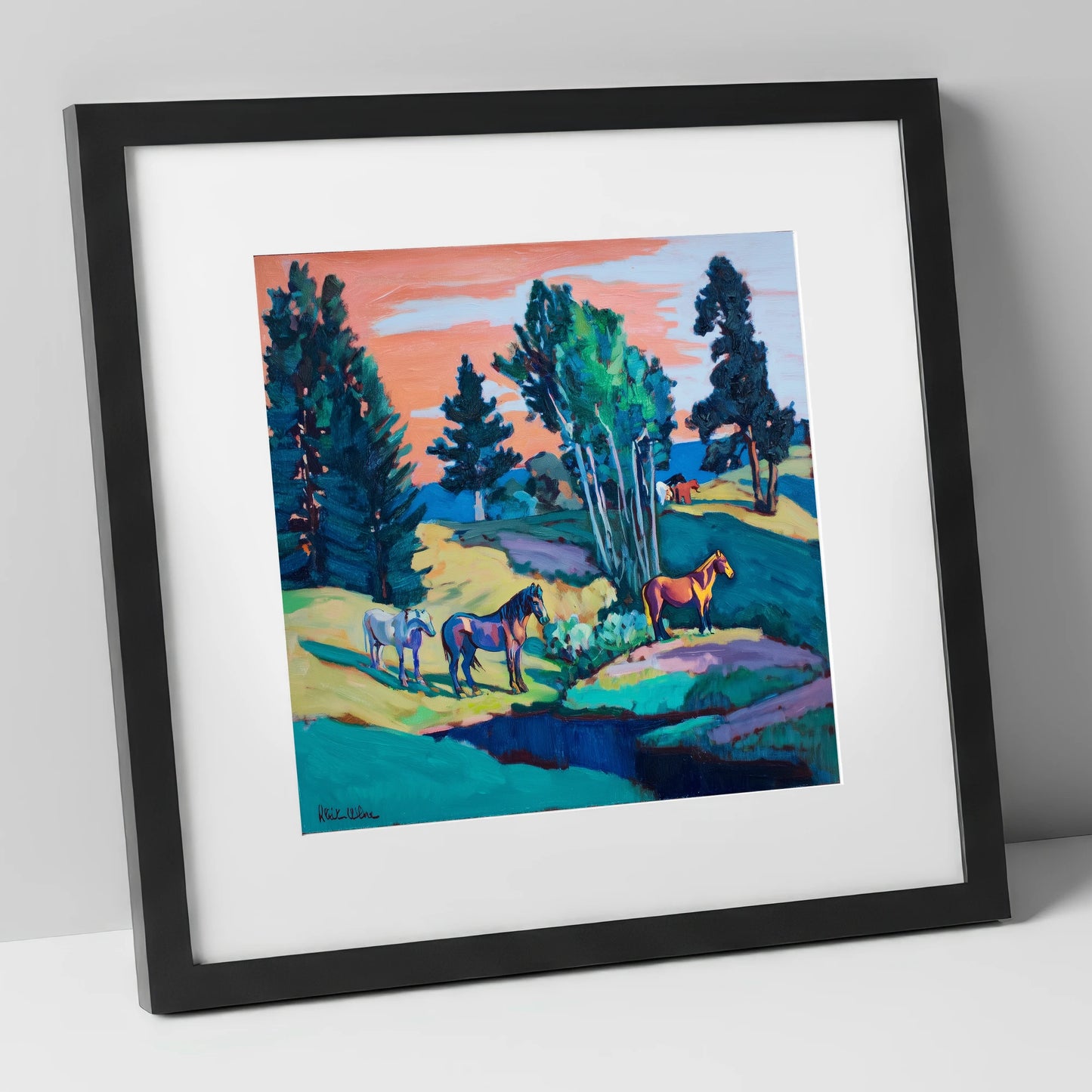 Vibrant Summer Pastures horse landscape art print in black frame
