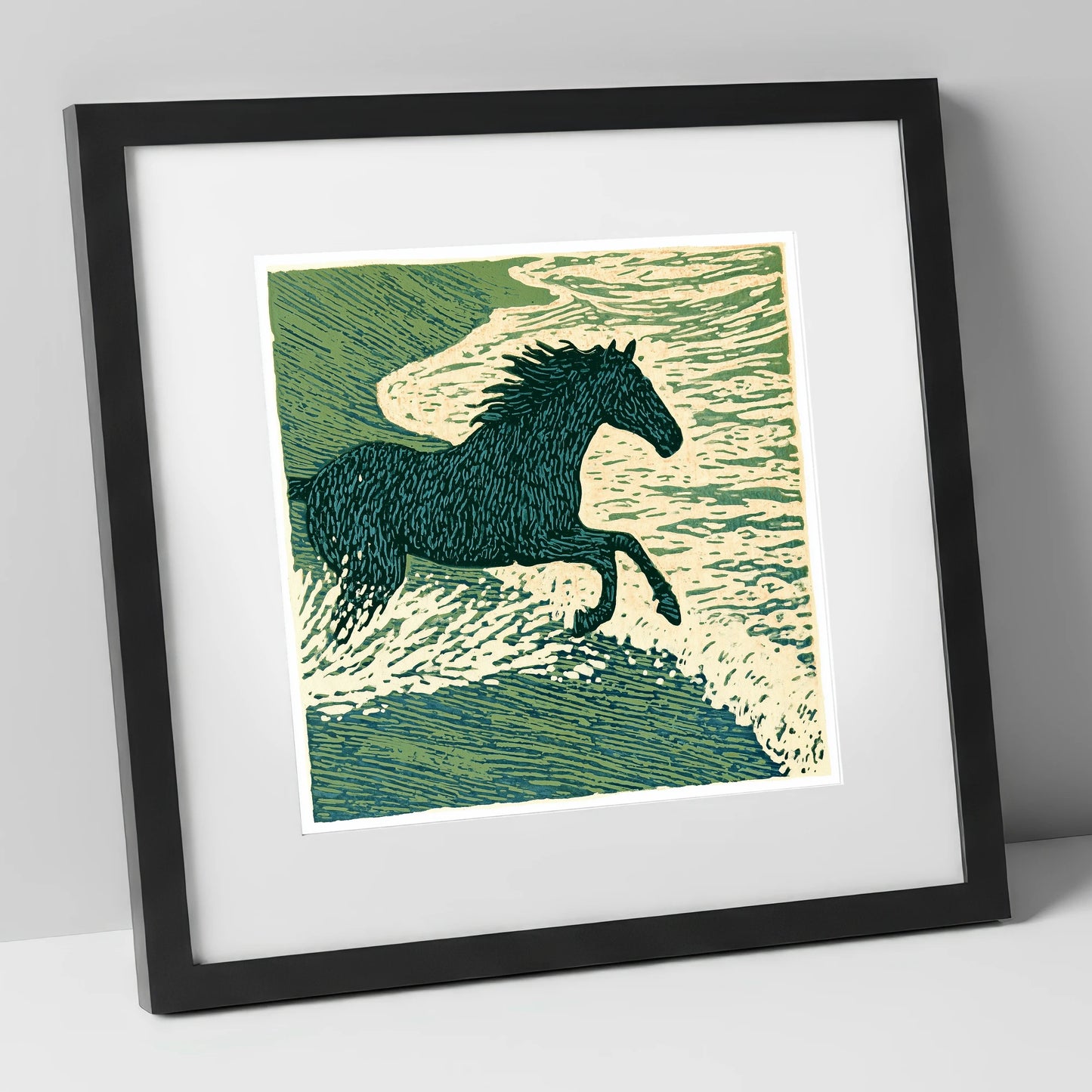 Wild Sea Canter beach horse art print in black frame
