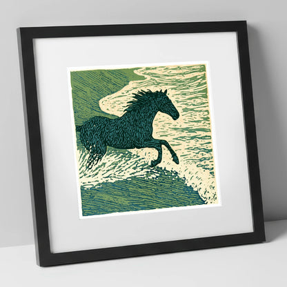 Wild Sea Canter beach horse art print in black frame