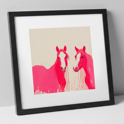 Vivid Pink Companions horse landscape art print in black frame