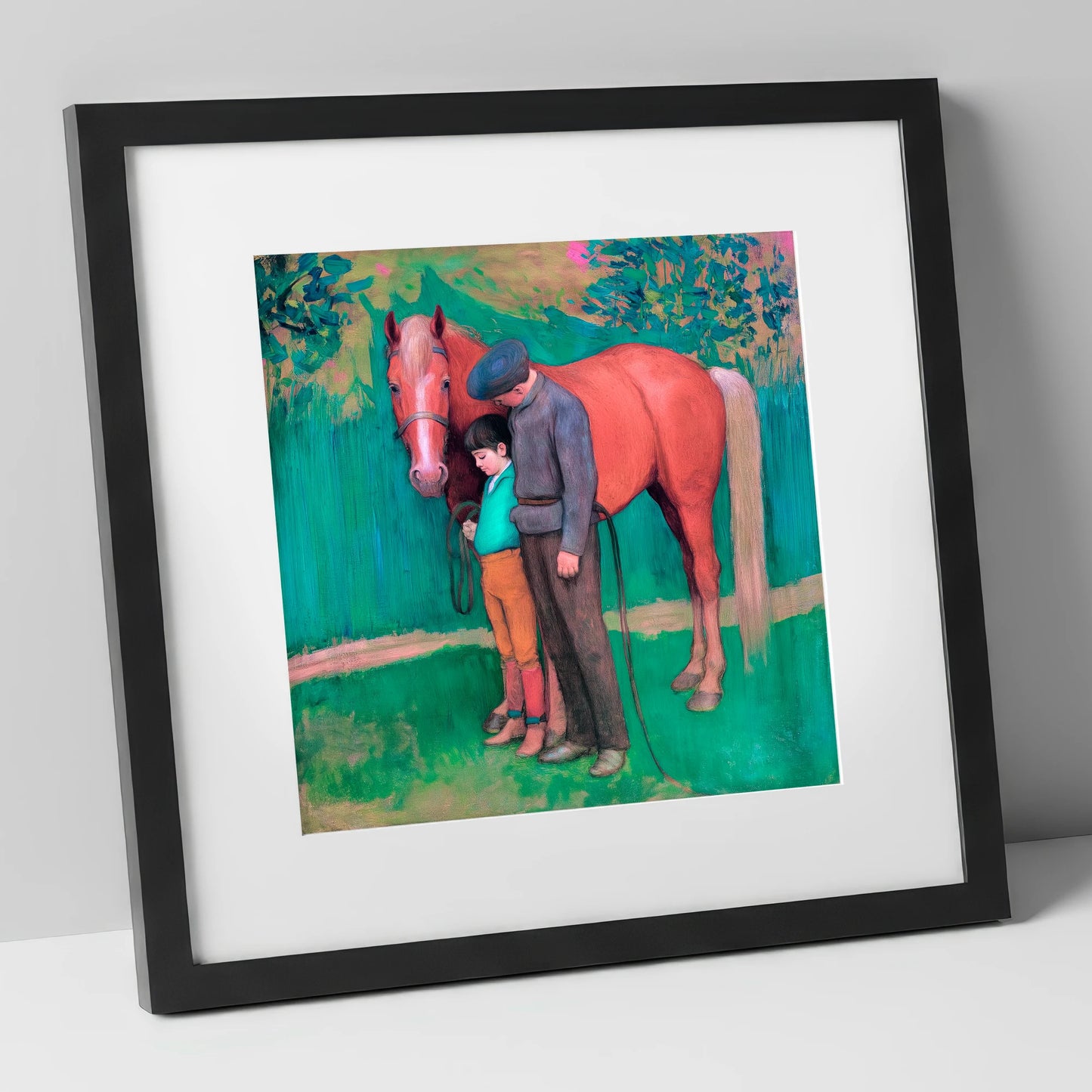 A Quiet Connection horse & rider art print in black frame
