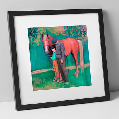 A Quiet Connection horse & rider art print in black frame