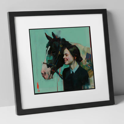 A Shared Understanding horse & rider art print in black frame