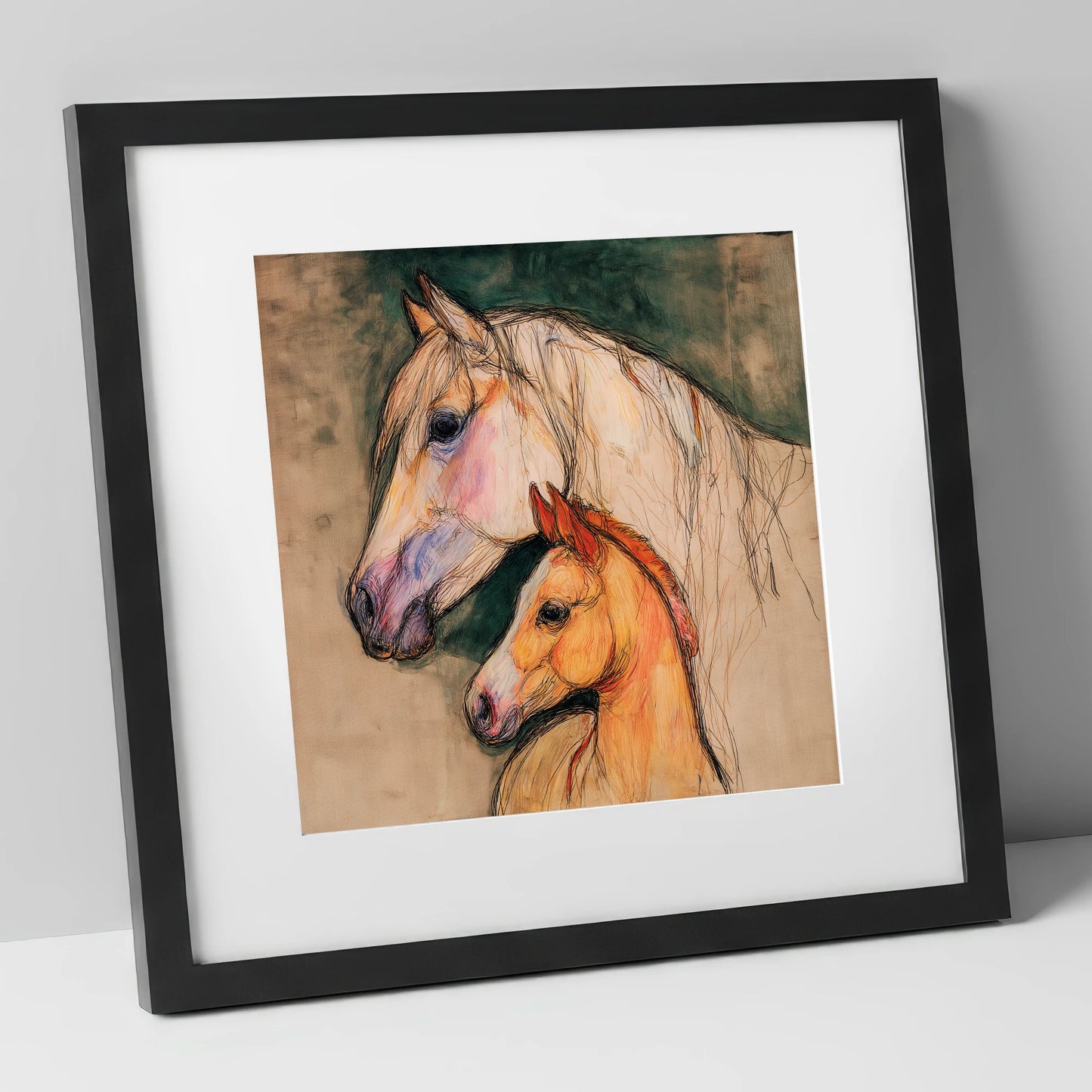 Quiet Devotion mare & foal art print in black frame