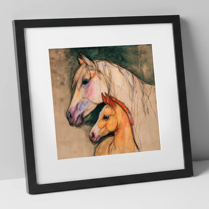 Quiet Devotion mare & foal art print in black frame