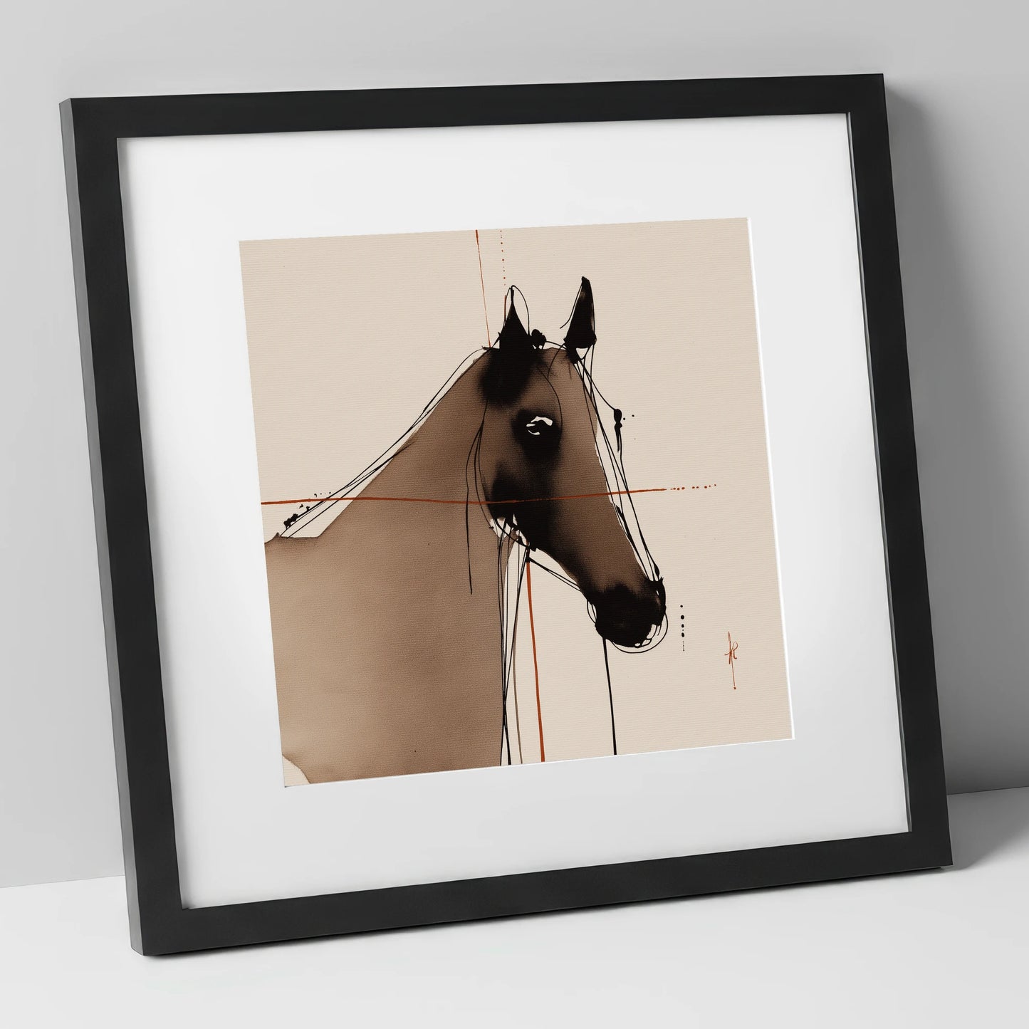 Sepia Equine Silhouette horse portrait art print in black frame