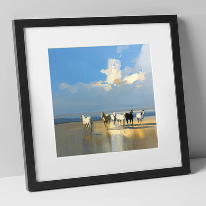Sunlit Coastal Herd horse landscape art print in black frame