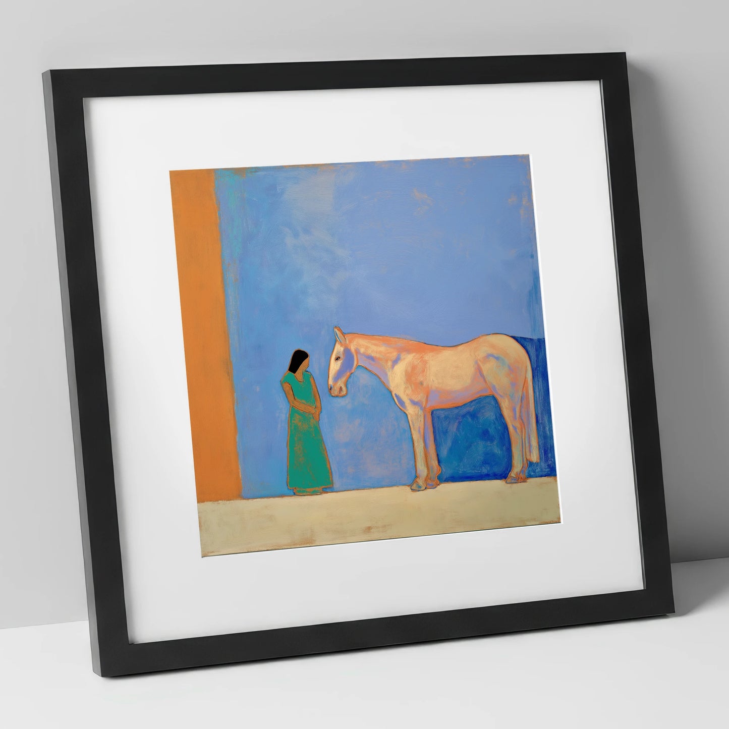 Silent Understanding horse & rider art print in black frame