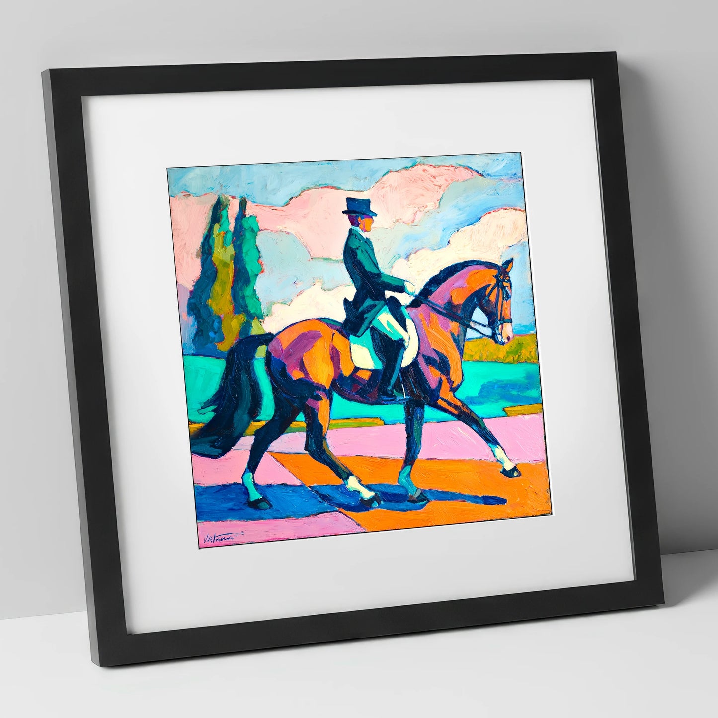 Vibrant Dressage Rhythm dressage horse art print in black frame