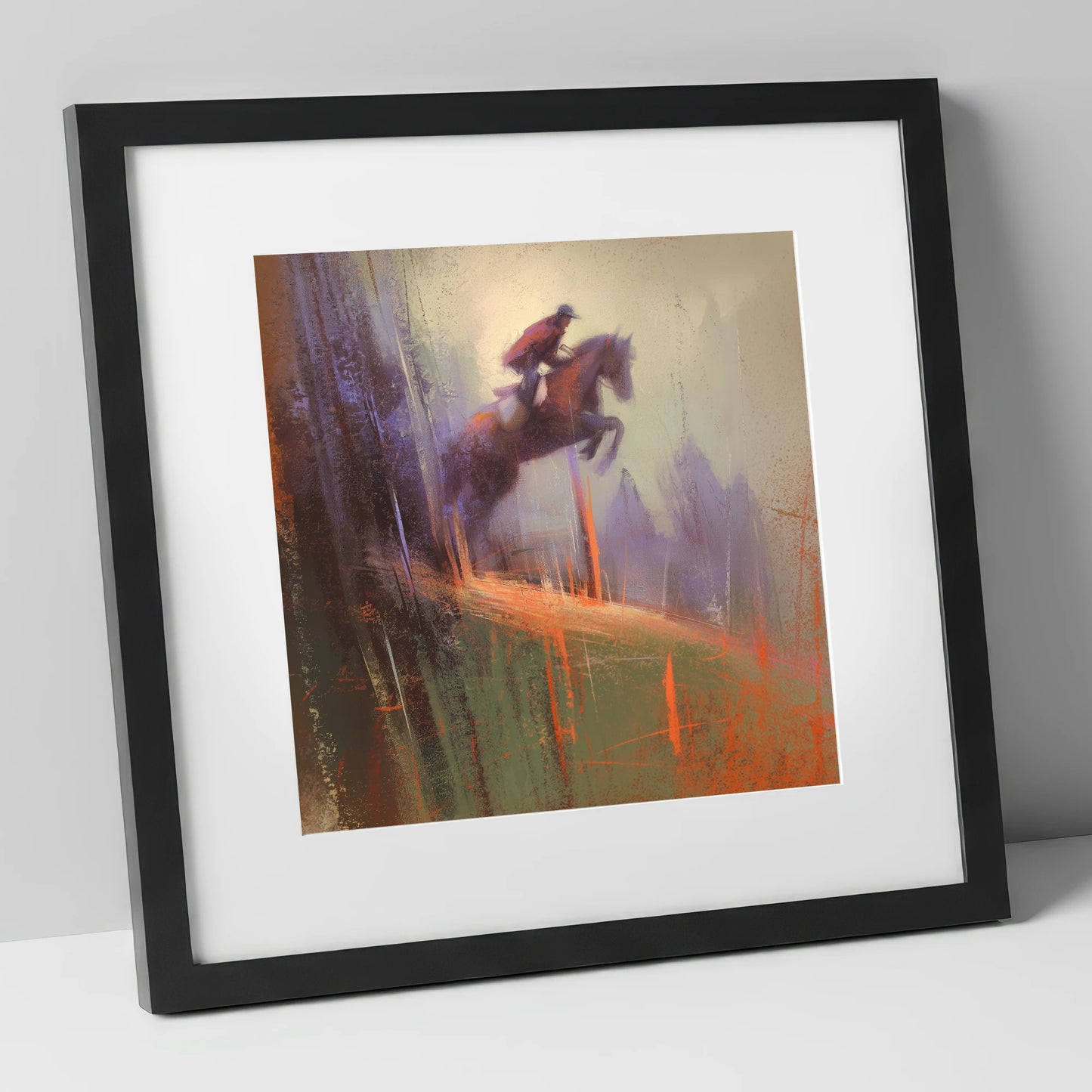 Flight Through the Haze show jumping horse art print in black frame