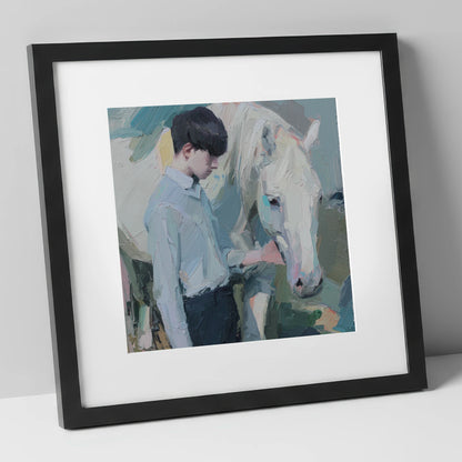 The Quiet Bond horse & rider art print in black frame