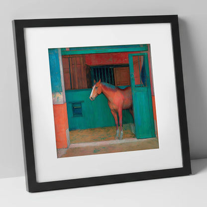 The Emerald Stable Door horse stable art print in black frame